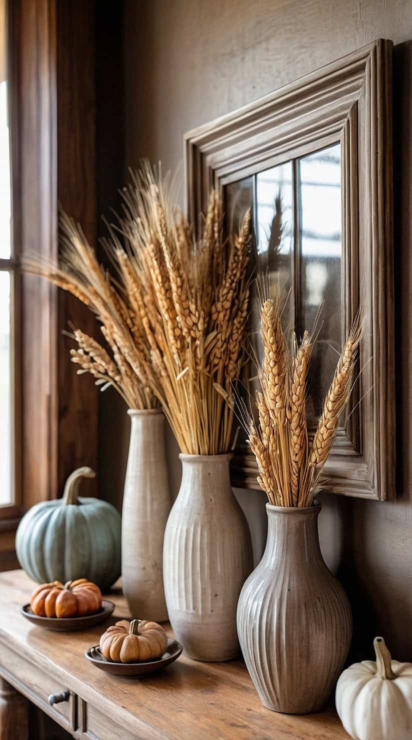 Rustic cottage fall decor with dried wheat arranged in ceramic vases on a wooden console table.