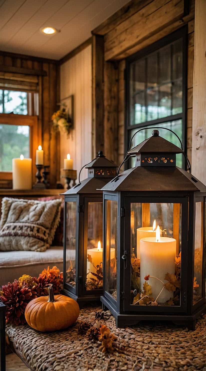 Rustic fall lanterns with glowing candles decorating a cozy cottage living room.