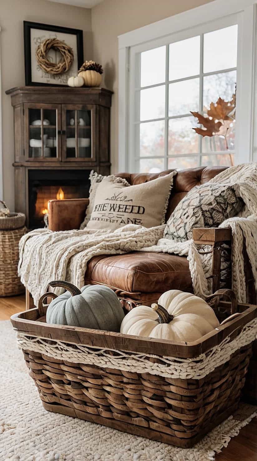Rustic fall living room with woven baskets filled with chunky knit blankets and cozy cottage decor.