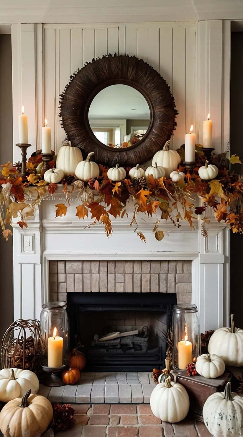 Rustic fall mantel decorated with white pumpkins, candles, dried leaves, and vintage cottage accents.