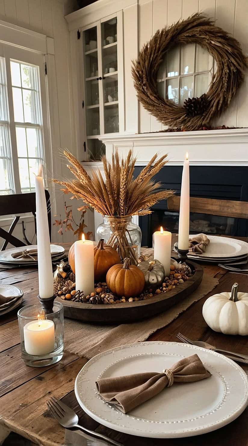 Rustic fall farmhouse dining table with candles, dried wheat, white pumpkins, and cozy cottage centerpiece.