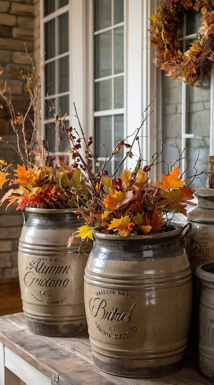 Rustic cottage fall decor using vintage stoneware crocks filled with autumn branches and dried foliage.