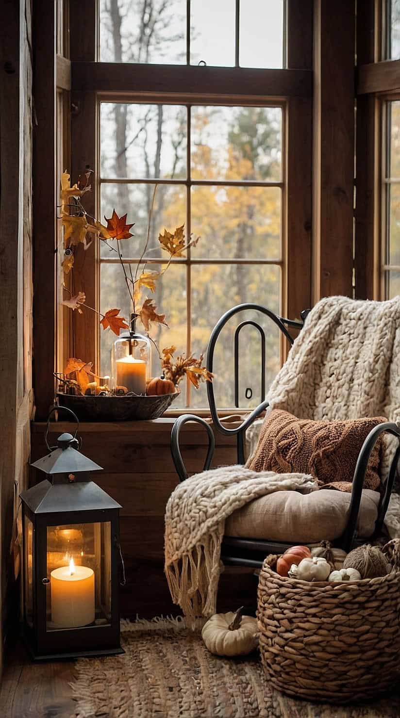Rustic fall reading nook with cozy armchair, knit blanket, lantern, and warm cottage decor.