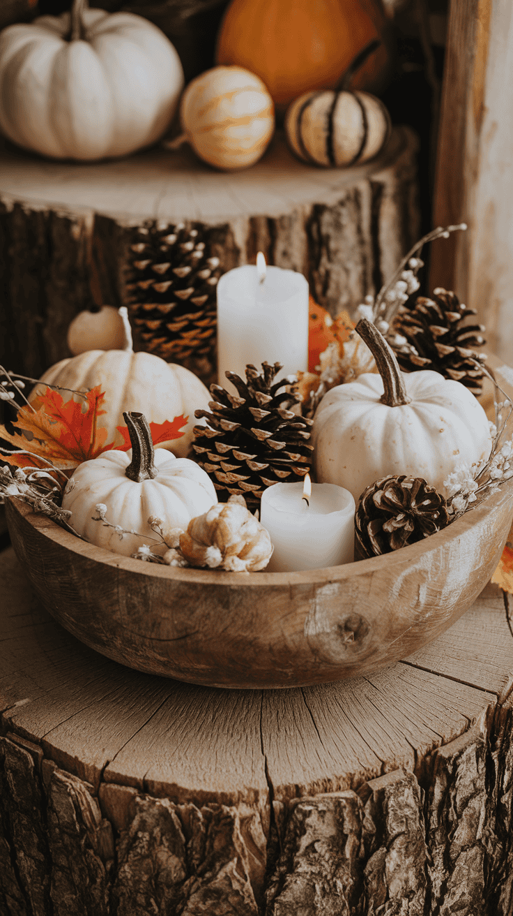 Rustic wooden dough bowl filled with pinecones, white pumpkins, candles, and natural fall decor.