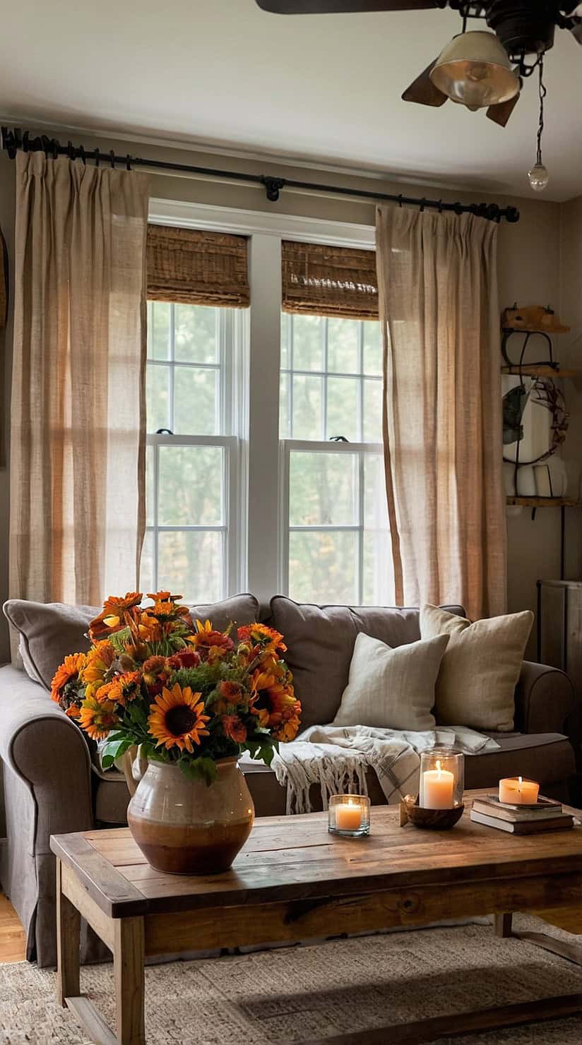 Rustic fall cottage living room with layered linen curtains, cozy textures, and warm autumn decor.