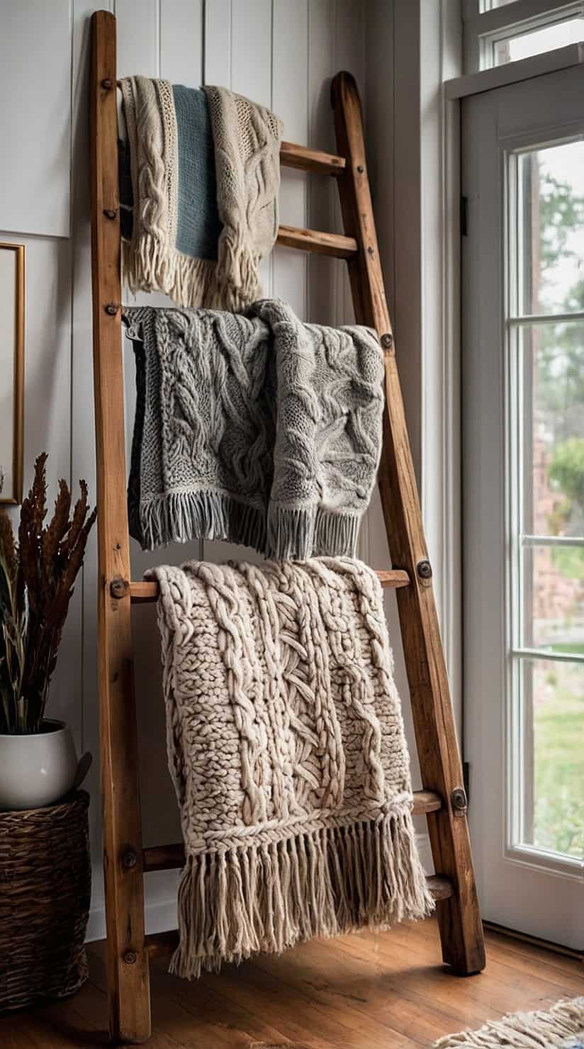 Rustic wooden blanket ladder displaying cozy knit throws in a charming cottage living room.