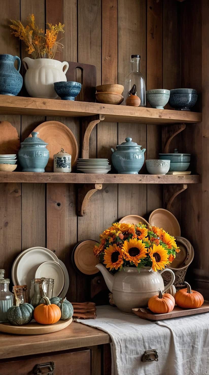 Rustic fall kitchen shelves styled with vintage pottery, pumpkins, wooden cutting boards, and autumn decor.