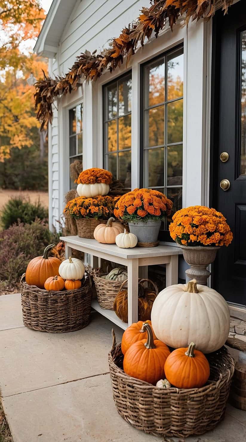 Rustic fall entryway decorated with pumpkins, lanterns, woven baskets, and cozy cottage charm.