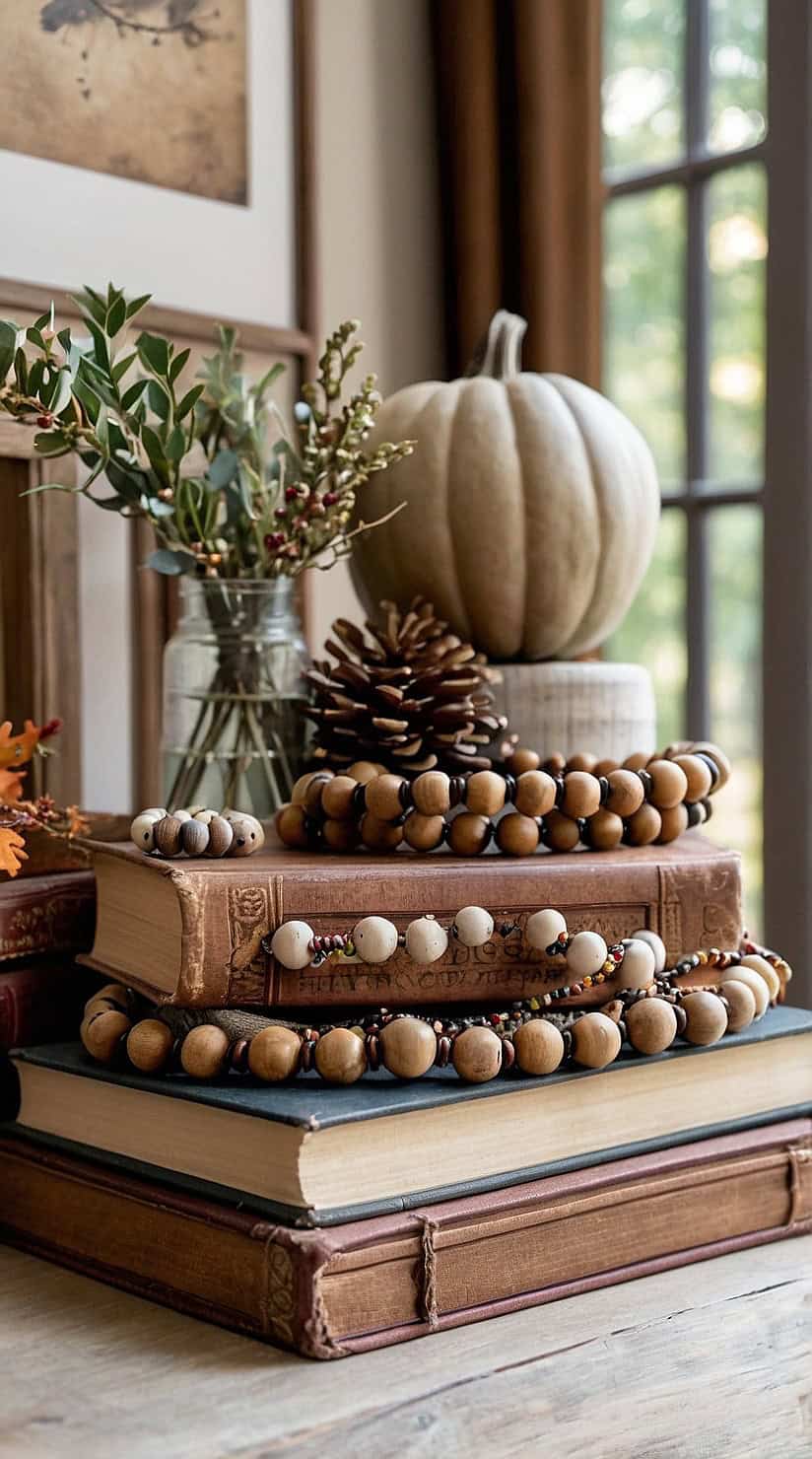 Rustic fall home decor featuring wooden bead garlands styled on books, trays, and seasonal displays.