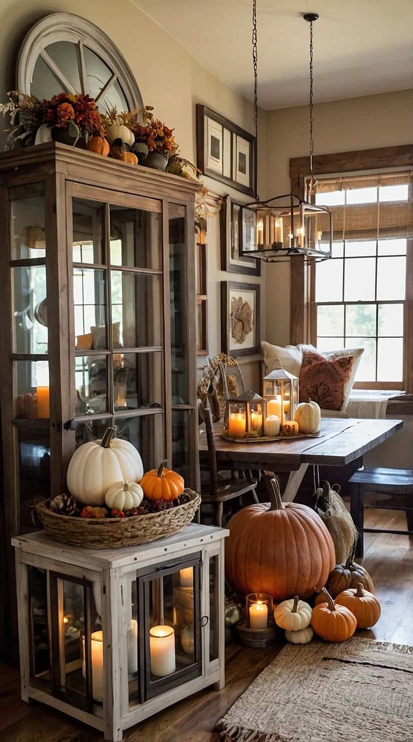 Beautiful rustic fall home layered with cozy cottage decor, natural textures, lanterns, pumpkins, and warm autumn styling.