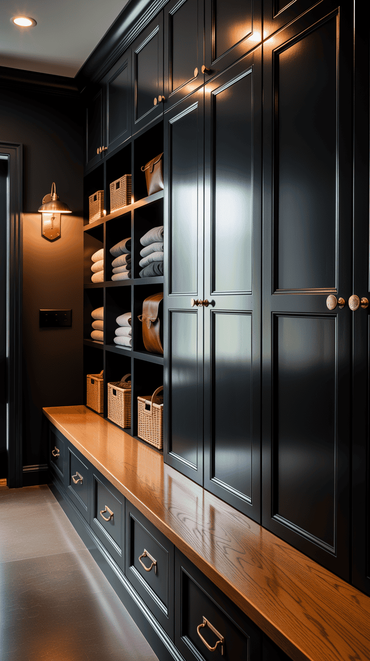 Dark moody mudroom with charcoal built-in lockers, warm oak bench, brass hooks, and elegant storage.
