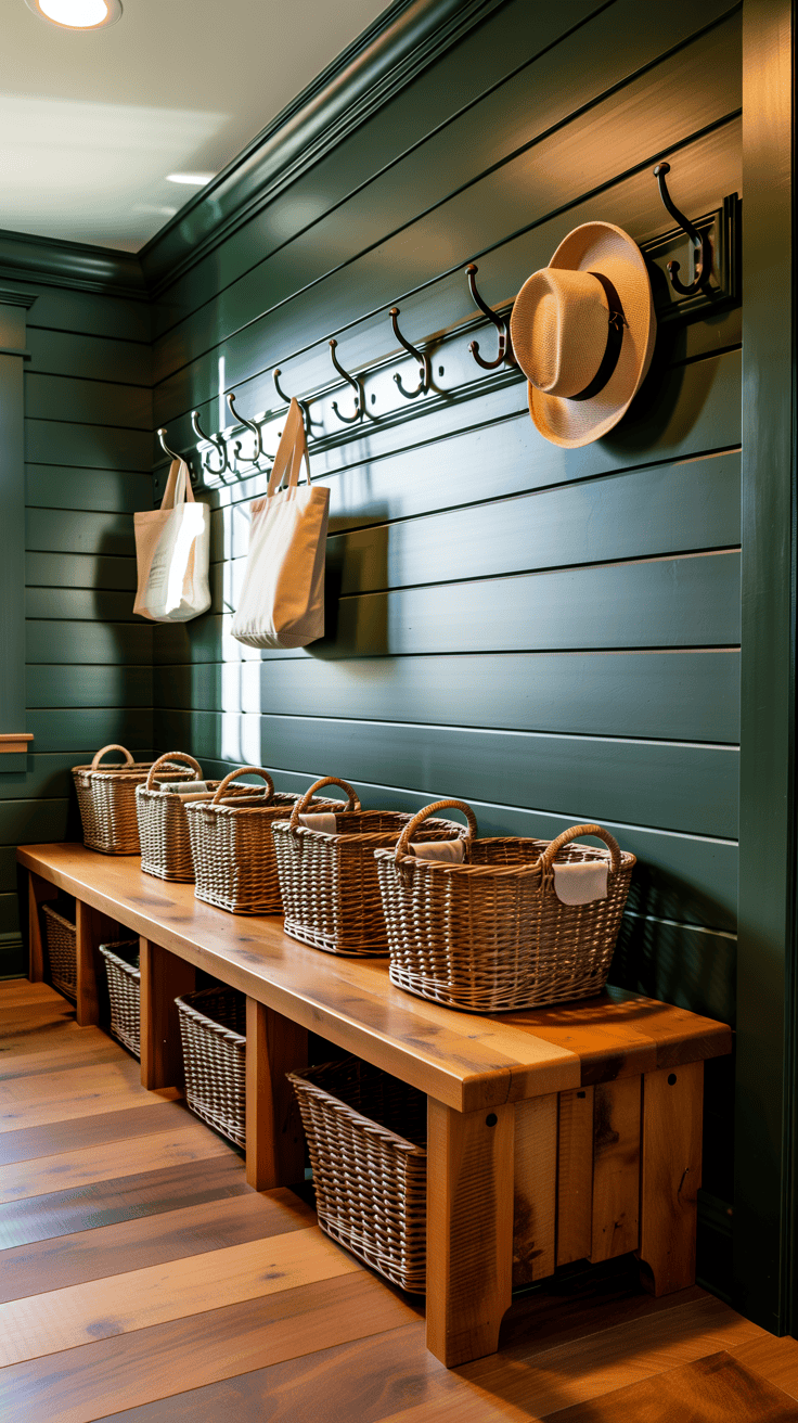 Dark green mudroom with shiplap walls, wooden bench, woven baskets, and elegant farmhouse styling.