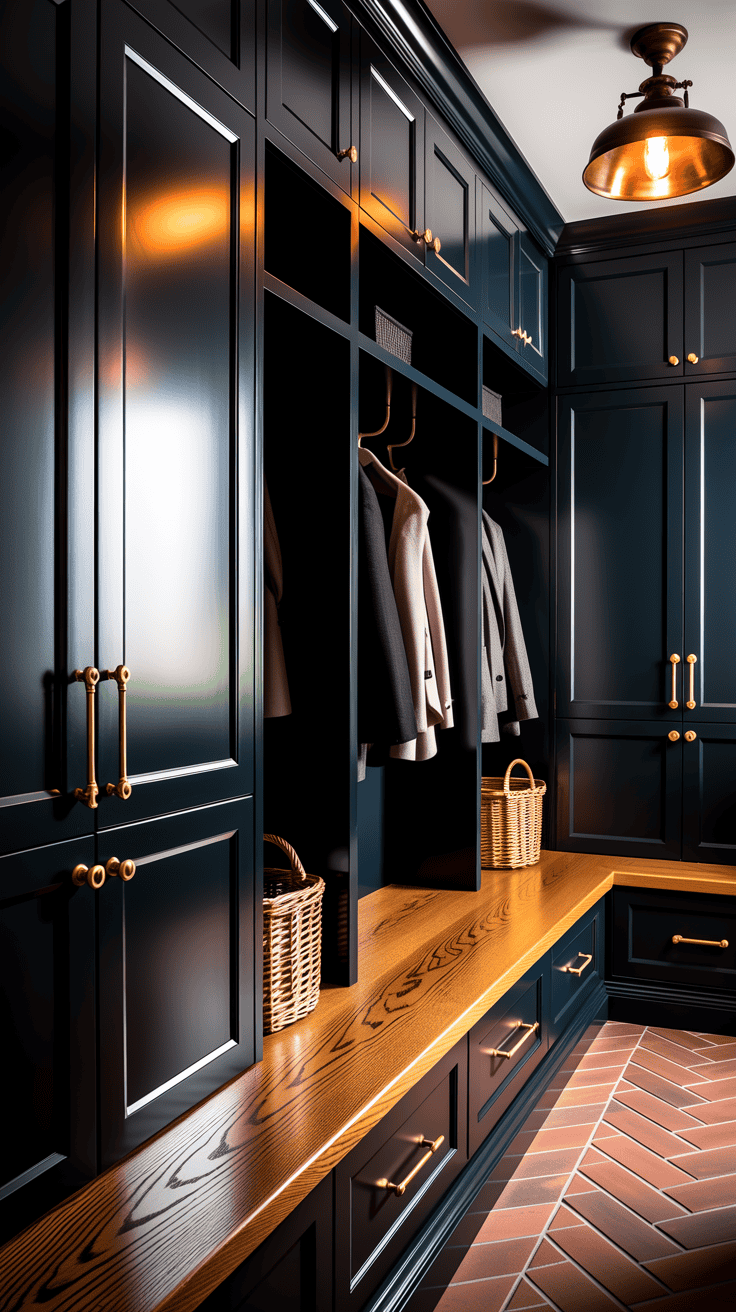 Elegant black mudroom cabinets with brass hardware, wooden bench, and dramatic interior styling.
