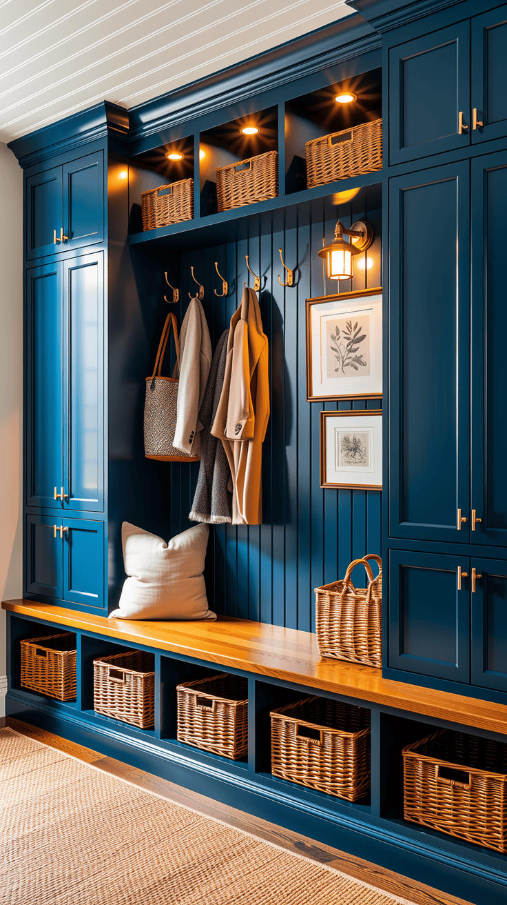 Dark navy mudroom with full storage wall, oak bench, baskets, and elegant traditional styling.