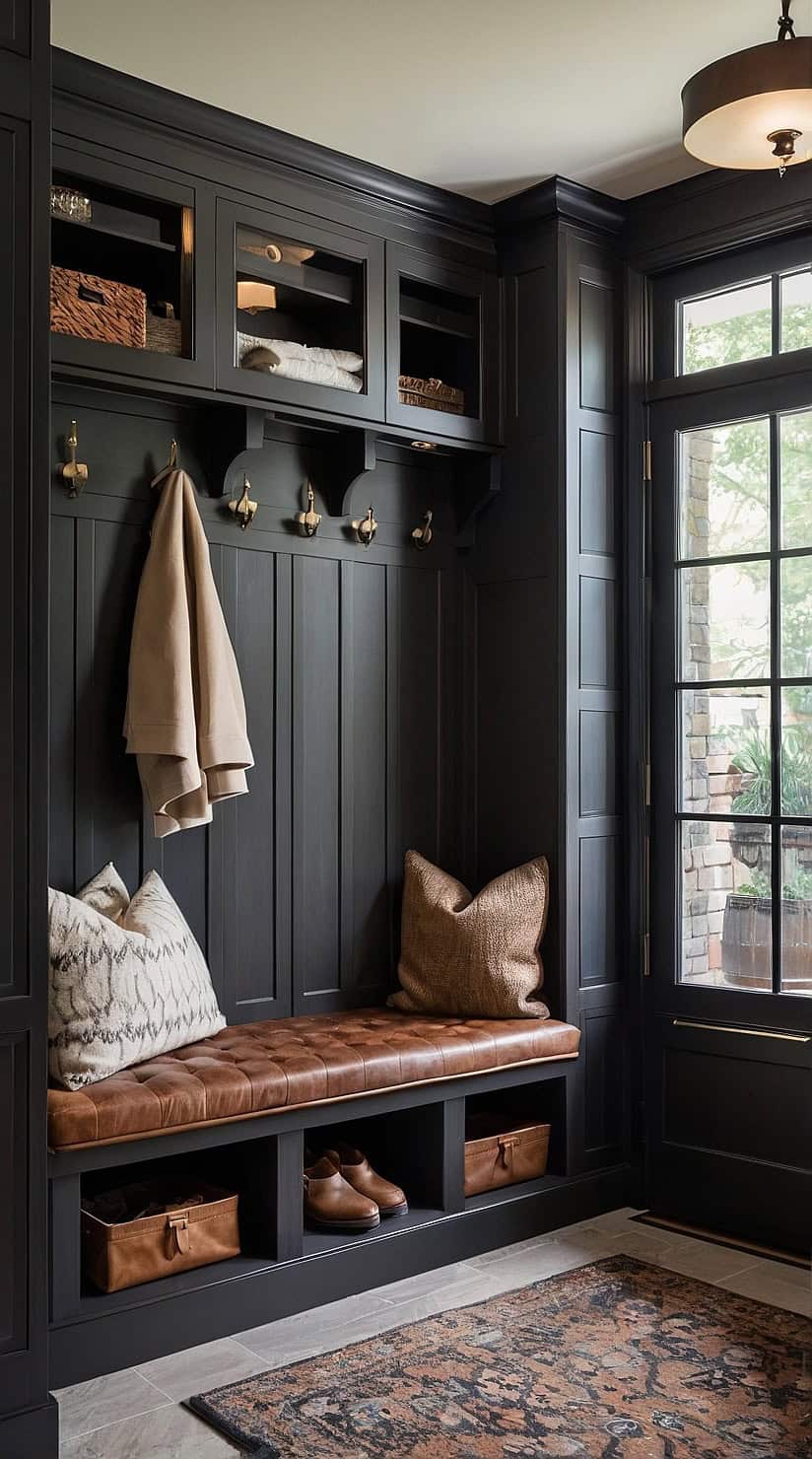 Luxury mudroom with walnut bench, leather seat cushion, dark cabinetry, and warm moody styling.