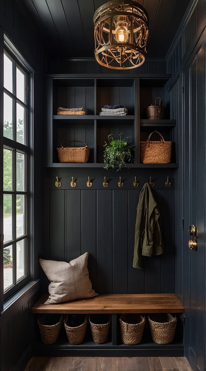 Dark moody mudroom with vertical shiplap walls, built-in storage, warm wood bench, and brass lighting.