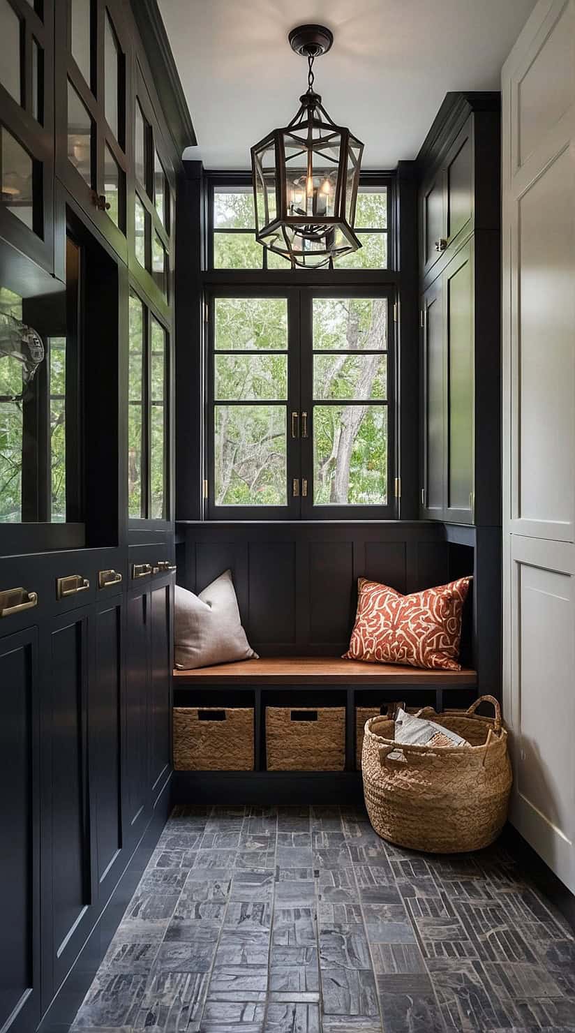 Dark mudroom with floor-to-ceiling built-in cabinets, oak bench, woven baskets, and dramatic luxury styling.