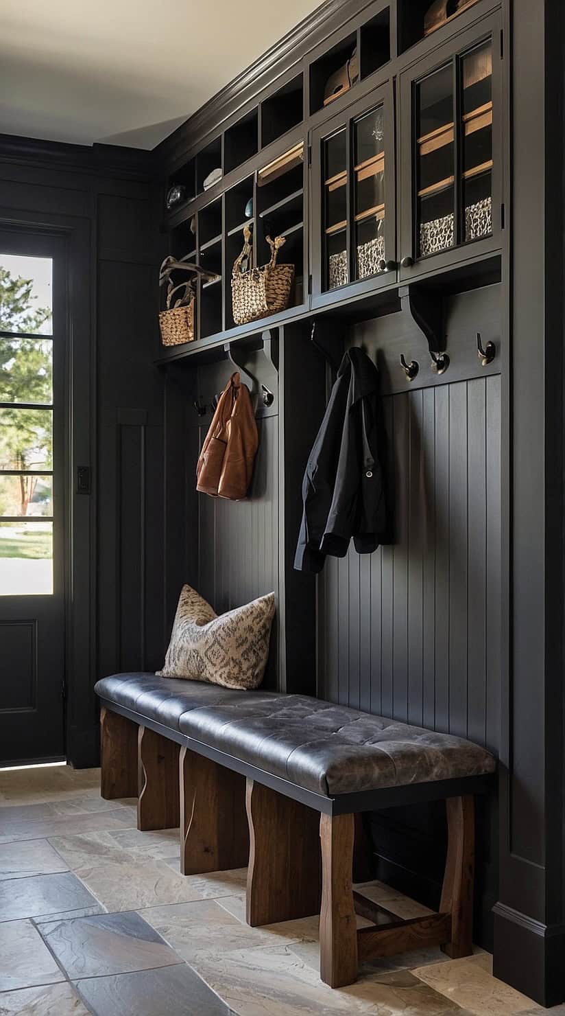 Elegant mudroom with dark cabinetry, natural stone flooring, oak accents, and warm moody styling.
