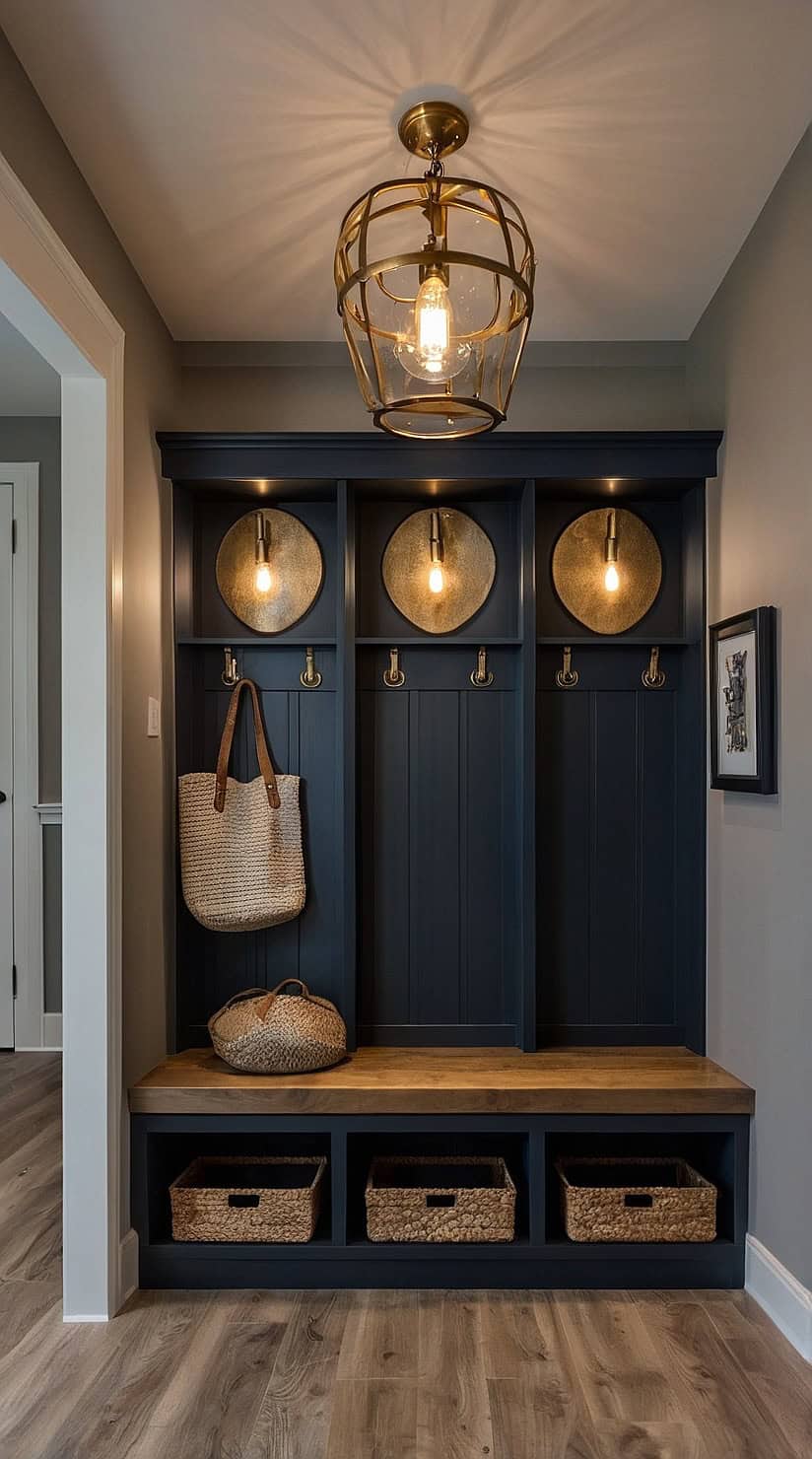 Dark mudroom illuminated by elegant brass pendant lights above custom built-in storage and oak seating.