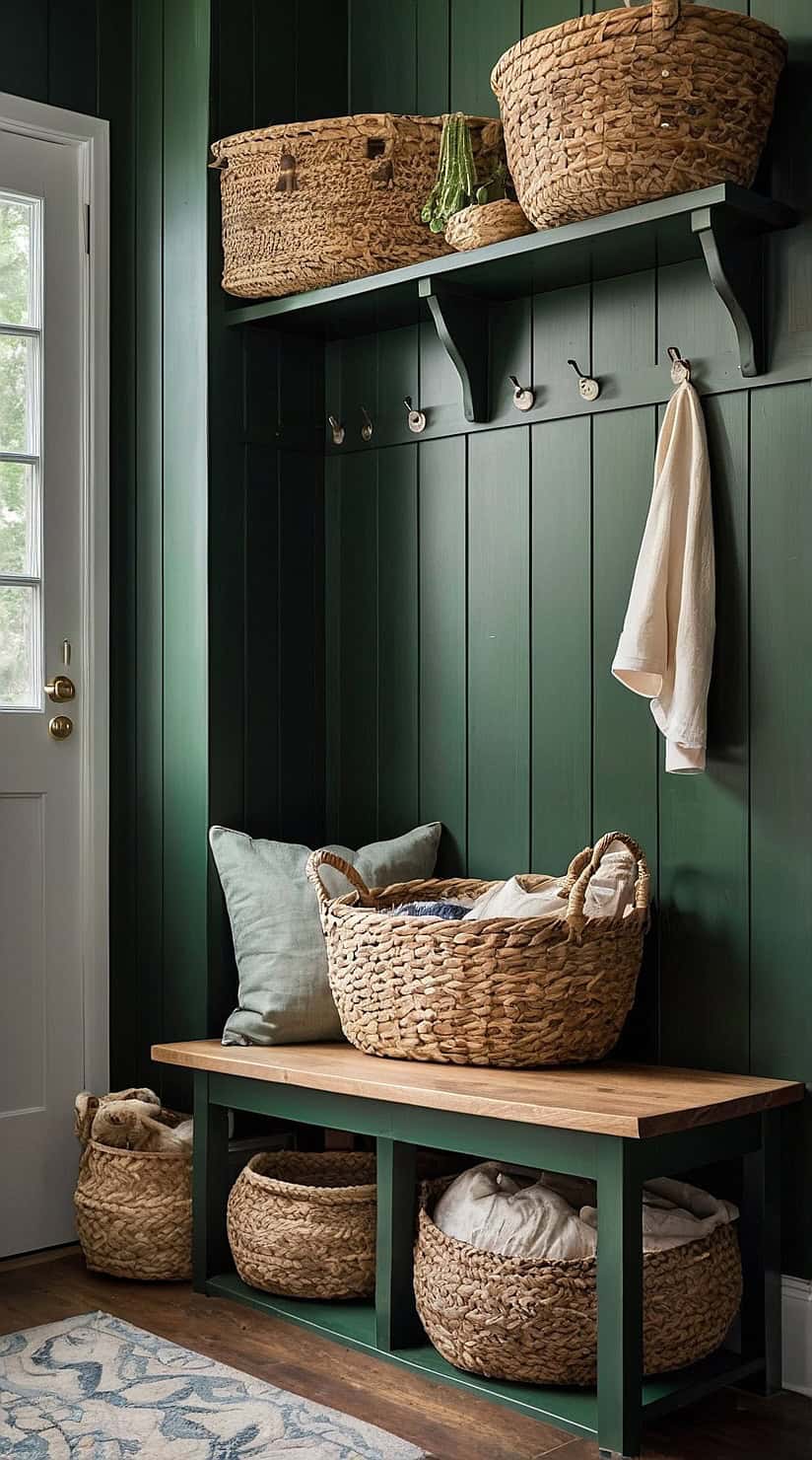 Forest green mudroom cabinets with woven baskets, oak bench, and cozy cottage-inspired storage.
