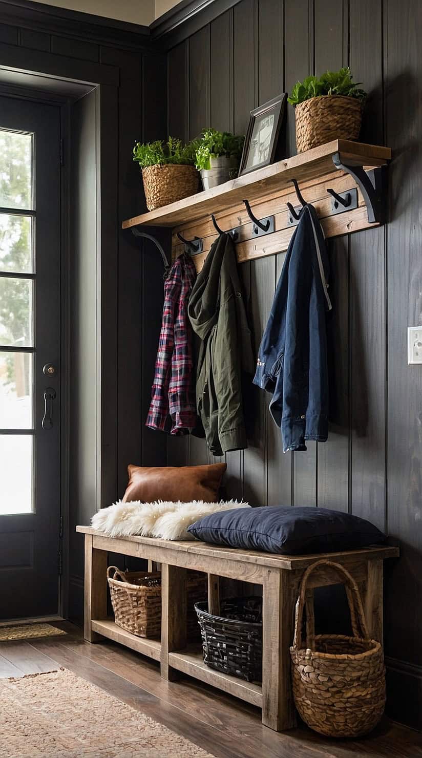 Dark farmhouse mudroom with reclaimed wood bench, black hooks, shiplap walls, and rustic storage.