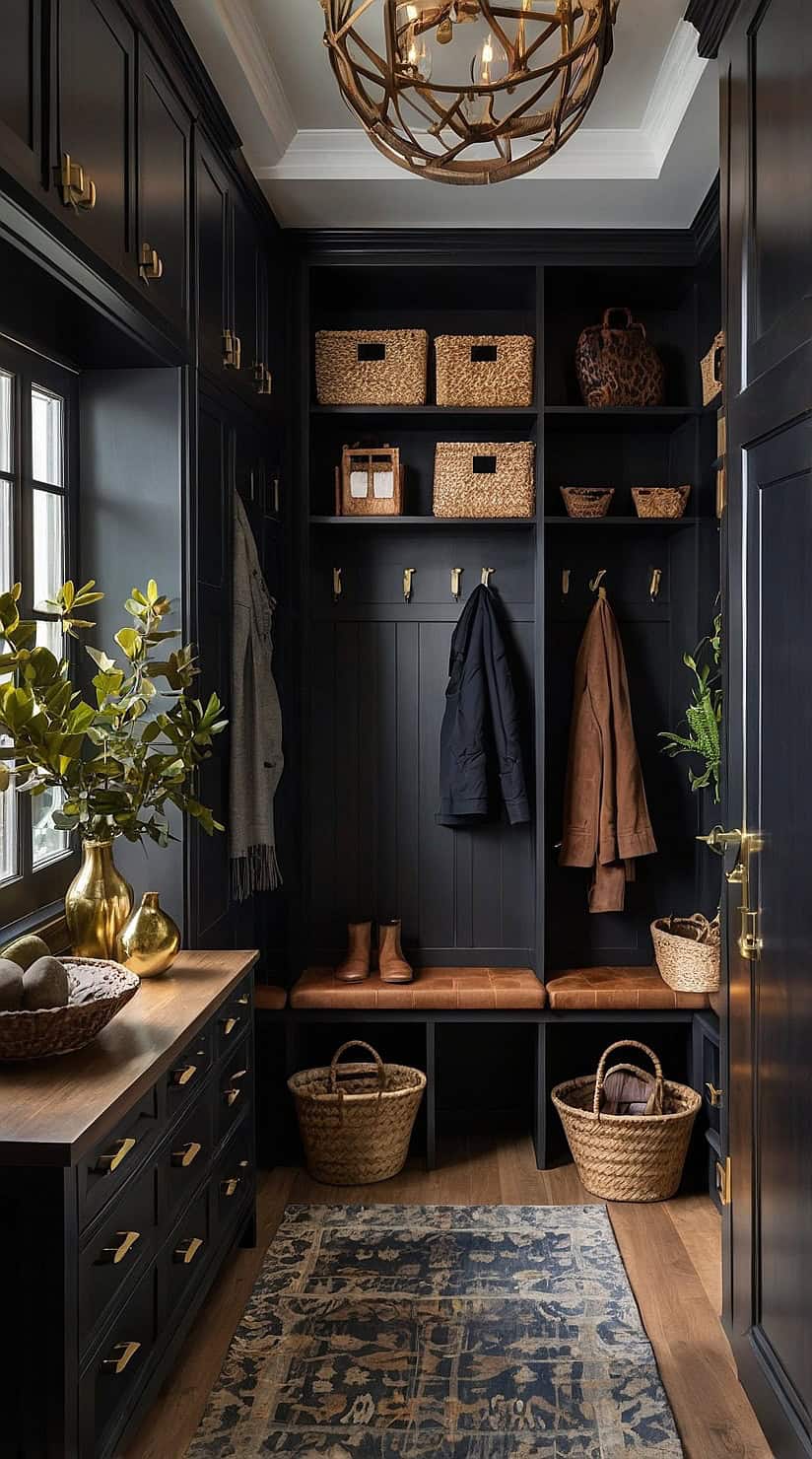 Luxury dark mudroom layered with oak, leather, brass, woven baskets, and elegant built-in storage.