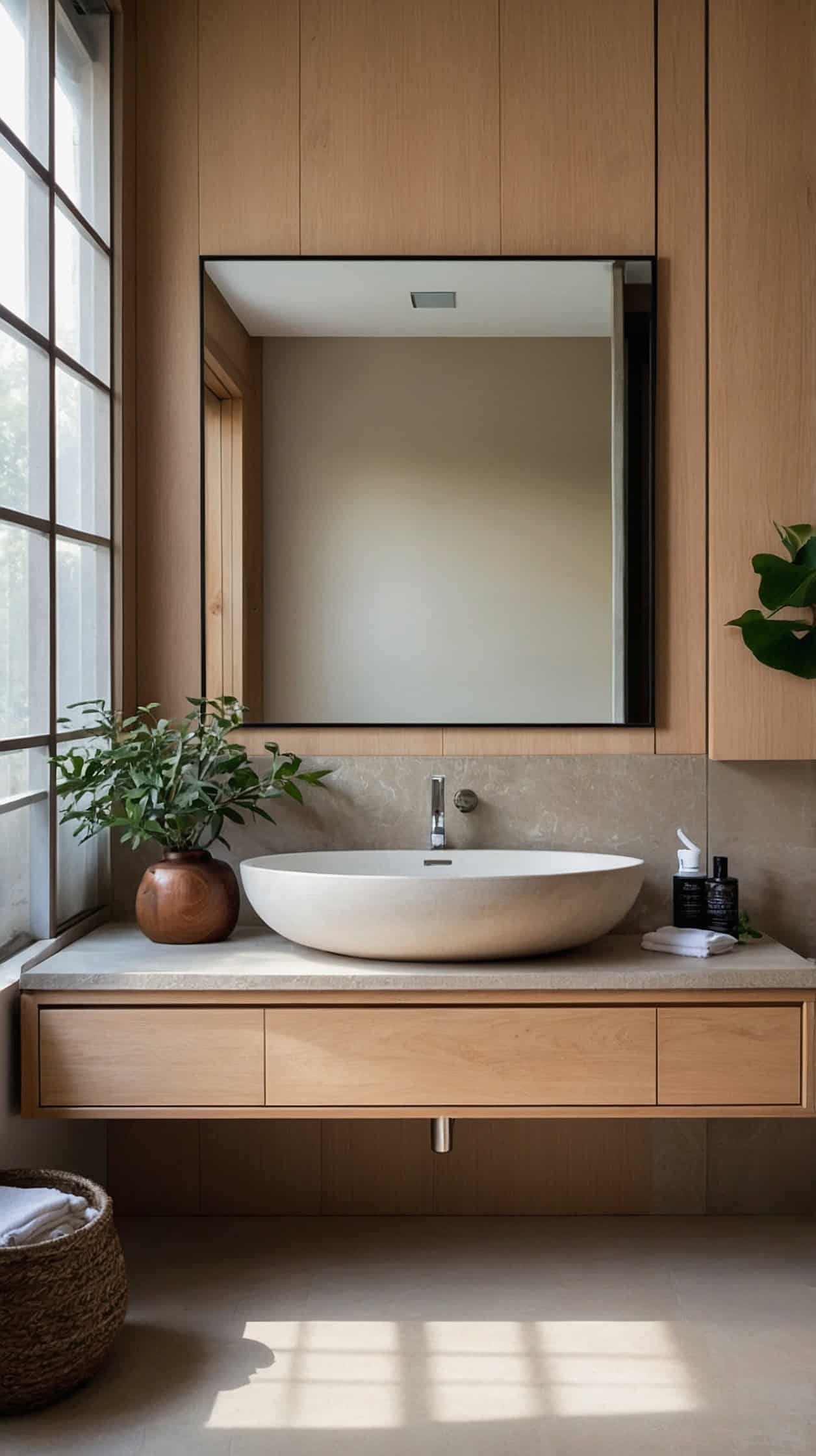 Peaceful Japanese Scandinavian bathroom with a pale oak floating vanity, soft stone countertop, warm white walls, and minimalist styling.