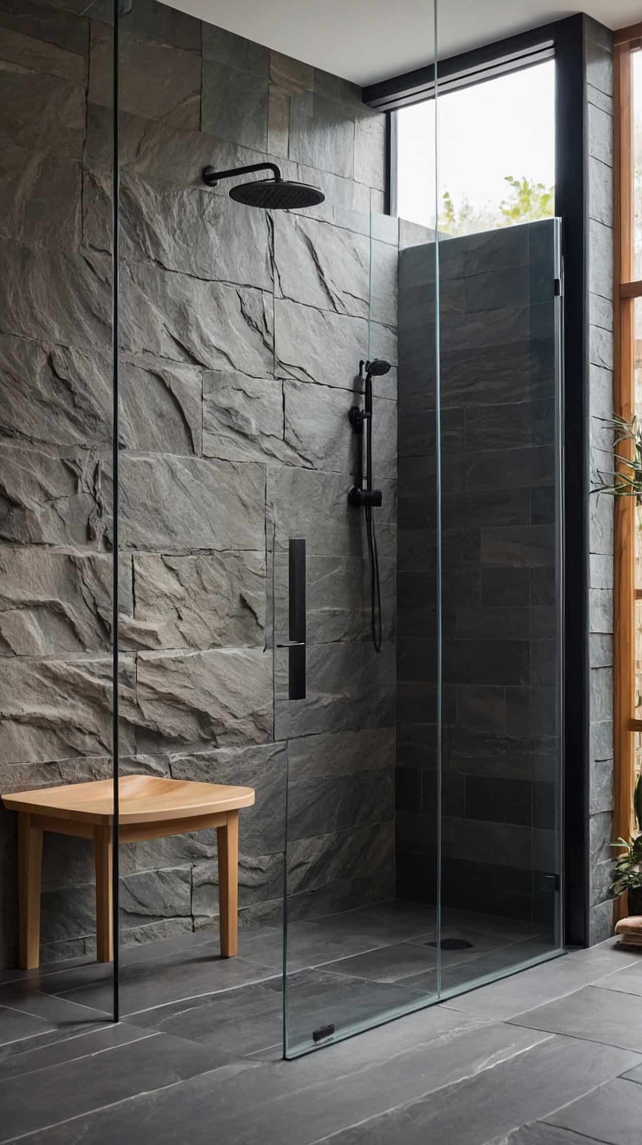 Japanese Scandinavian bathroom with a walk in shower, textured stone tiles, frameless glass, and warm minimalist design.