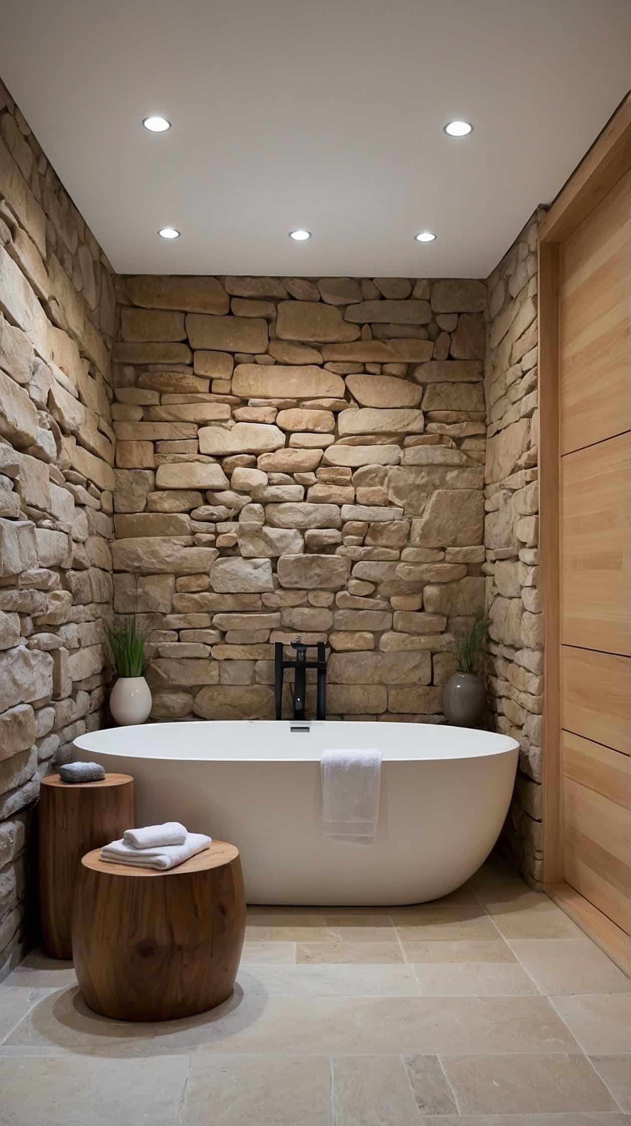 Peaceful bathroom with a compact Japanese soaking tub, natural wood stool, stone walls, and soft Scandinavian styling.