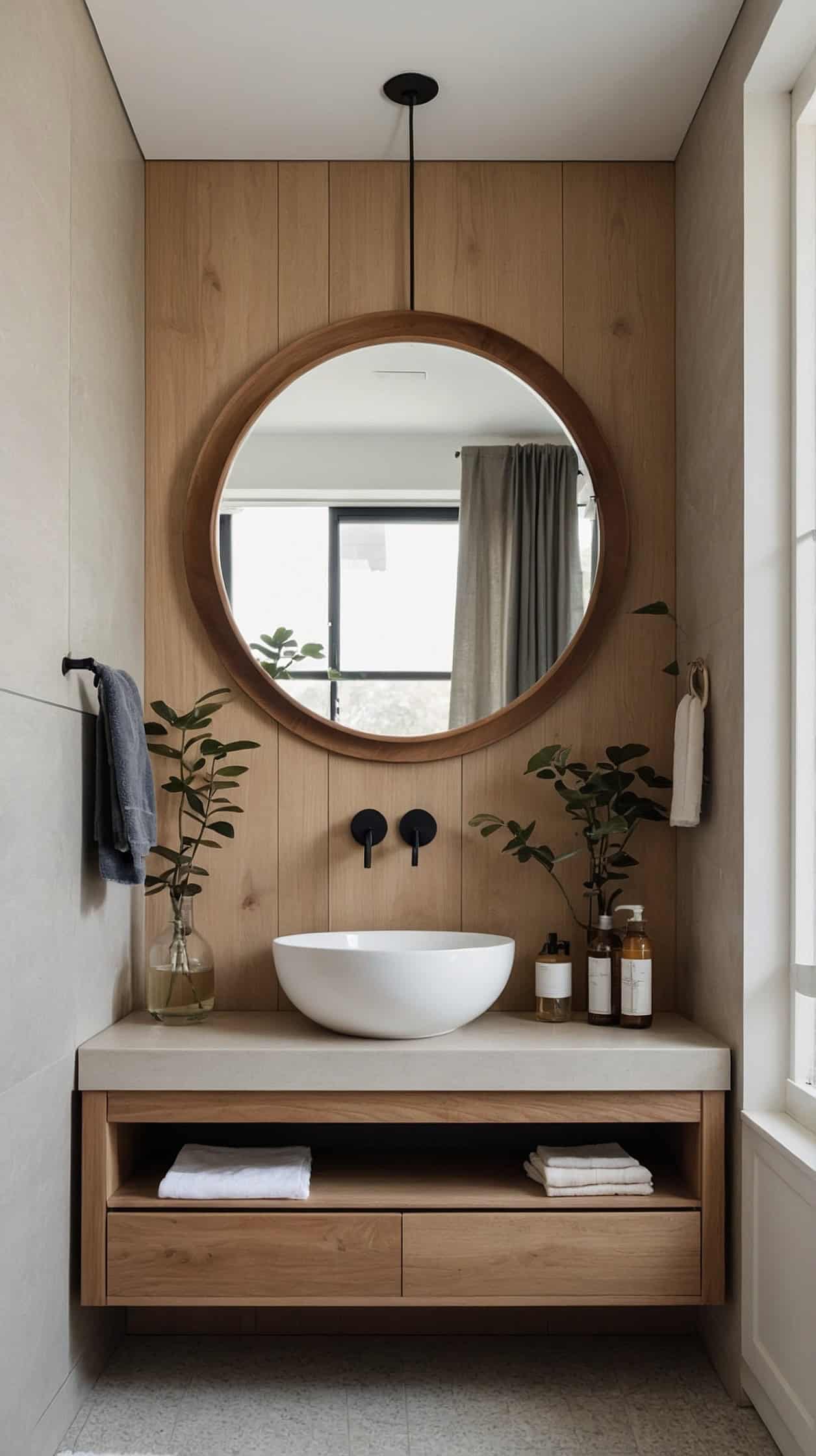 Minimal Japanese Scandinavian bathroom with a floating wood vanity, hidden drawers, round mirror, and soft neutral colors.
