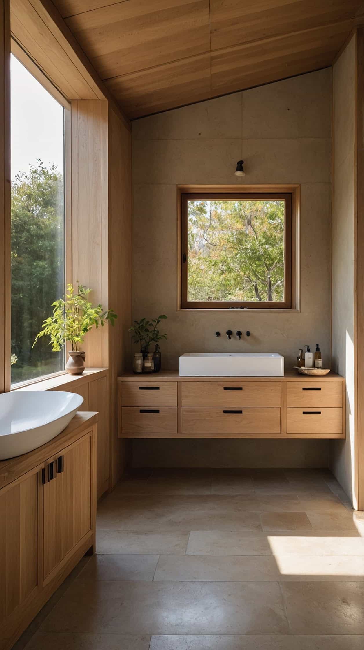 Serene Japanese Scandinavian bathroom with warm plaster walls, natural sunlight, oak cabinetry, and simple organic decor.