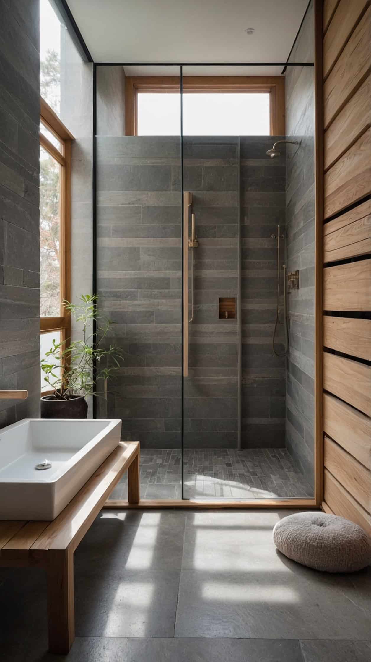 Japanese Scandinavian bathroom with a slatted wood shower screen, soft stone tiles, natural light, and minimalist decor.