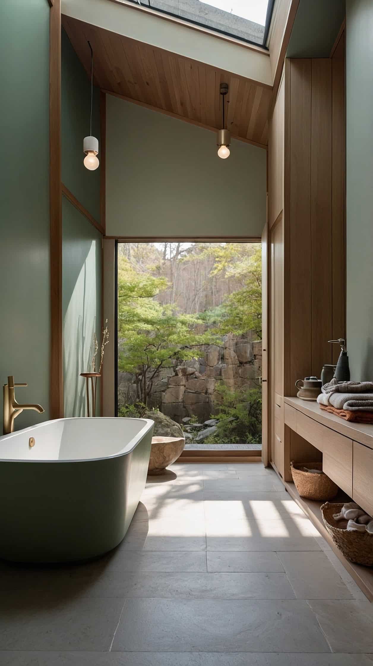 Peaceful Japanese Scandinavian bathroom with muted sage green accents, pale oak cabinetry, stone surfaces, and soft natural light.