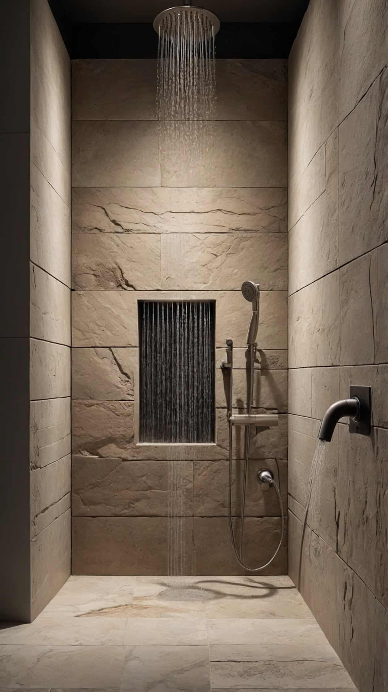 Minimal Japanese Scandinavian shower with a recessed wall niche, neutral ceramic bottles, textured stone tiles, and clean styling.