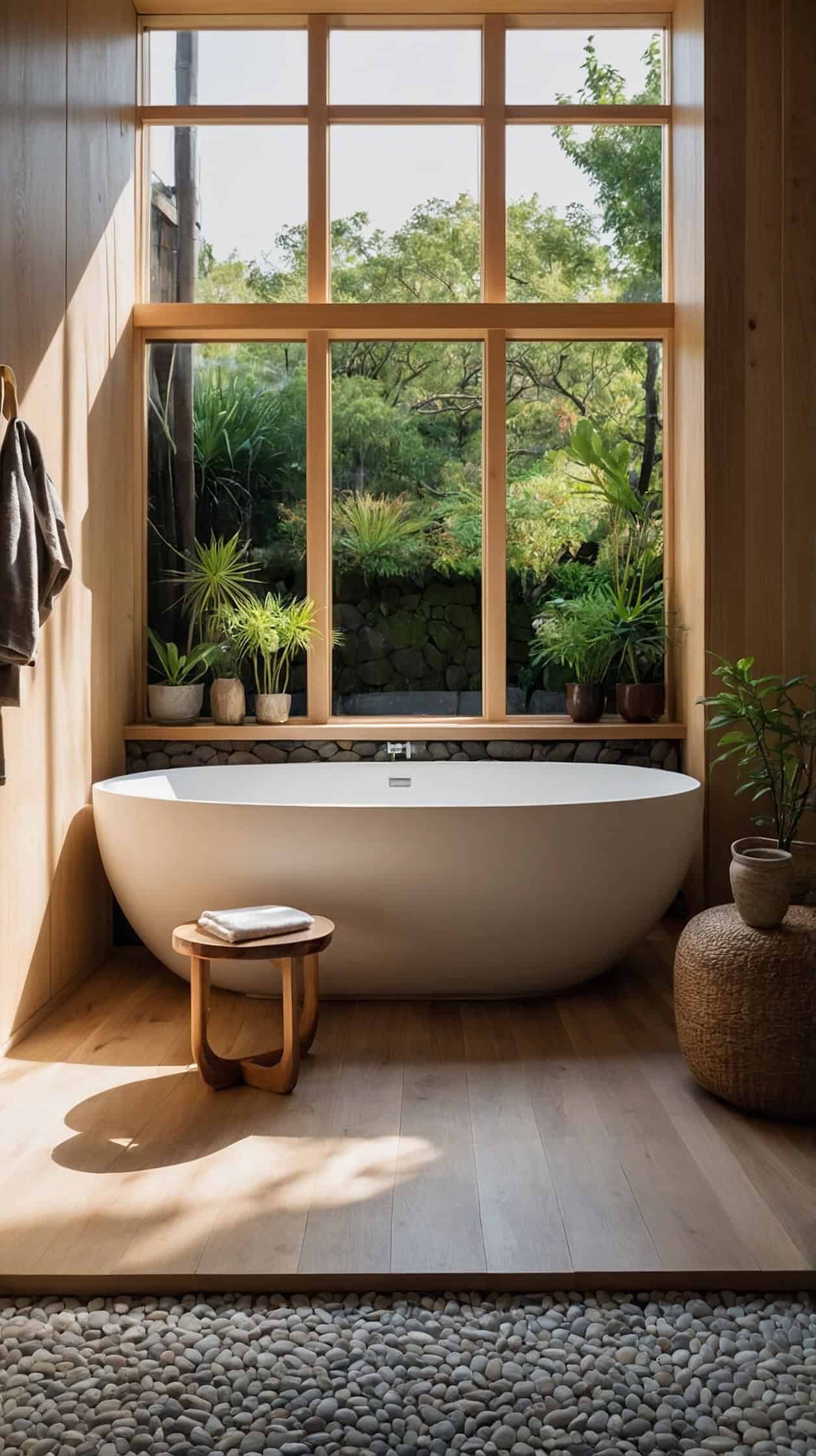 Serene Japanese Scandinavian bathroom with a freestanding tub beside a garden window, pale wood accents, stone flooring, and soft light.