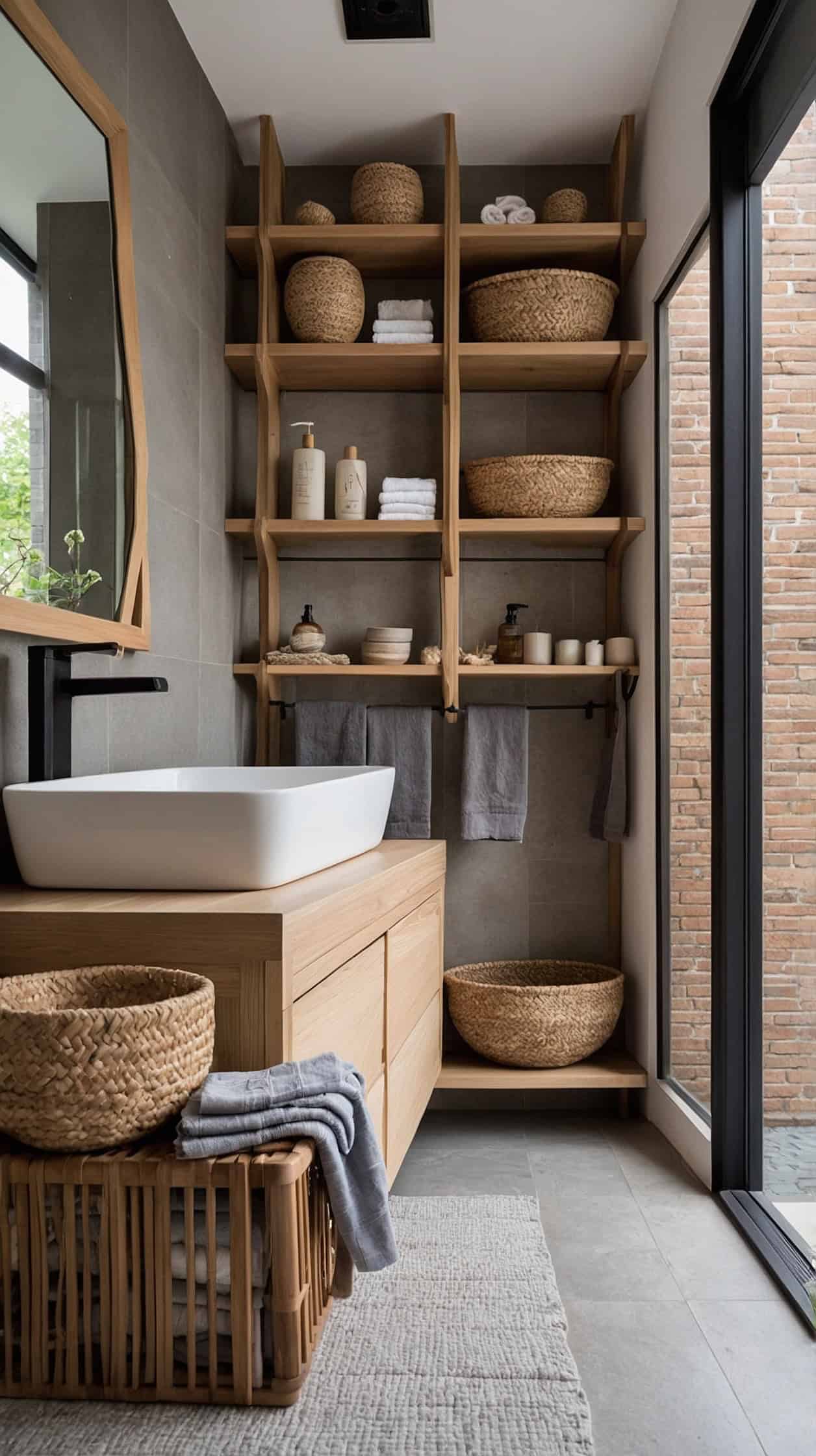 Japanese Scandinavian bathroom with minimal oak shelving, woven storage baskets, folded linen towels, and handmade ceramics.