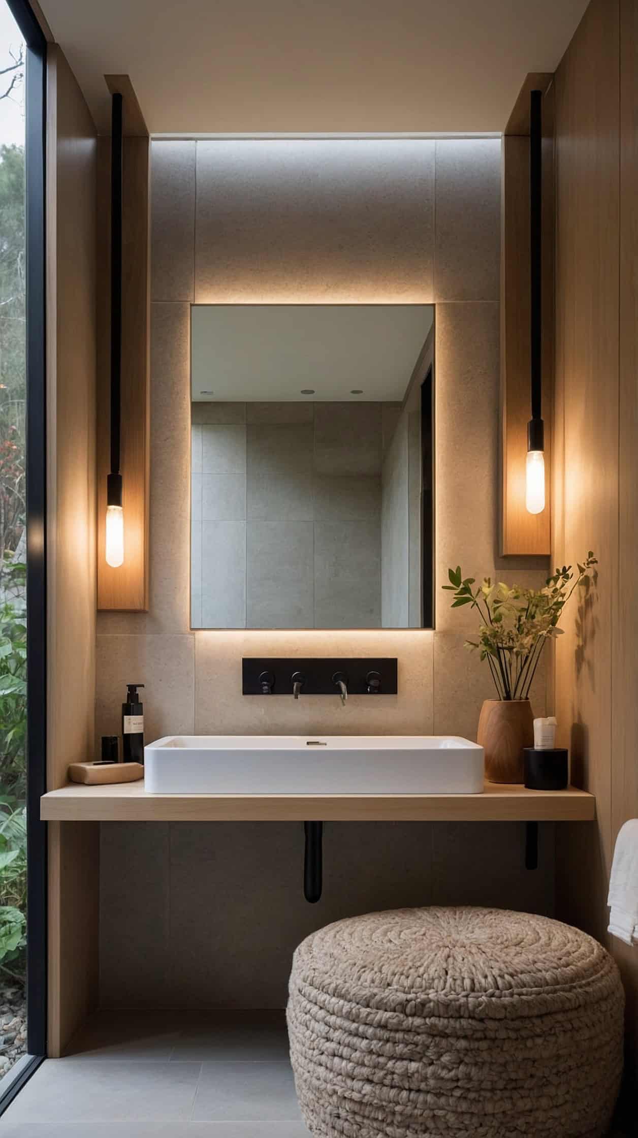 Peaceful Japanese Scandinavian bathroom with soft wall sconces, concealed lighting, pale wood, and warm neutral surfaces.