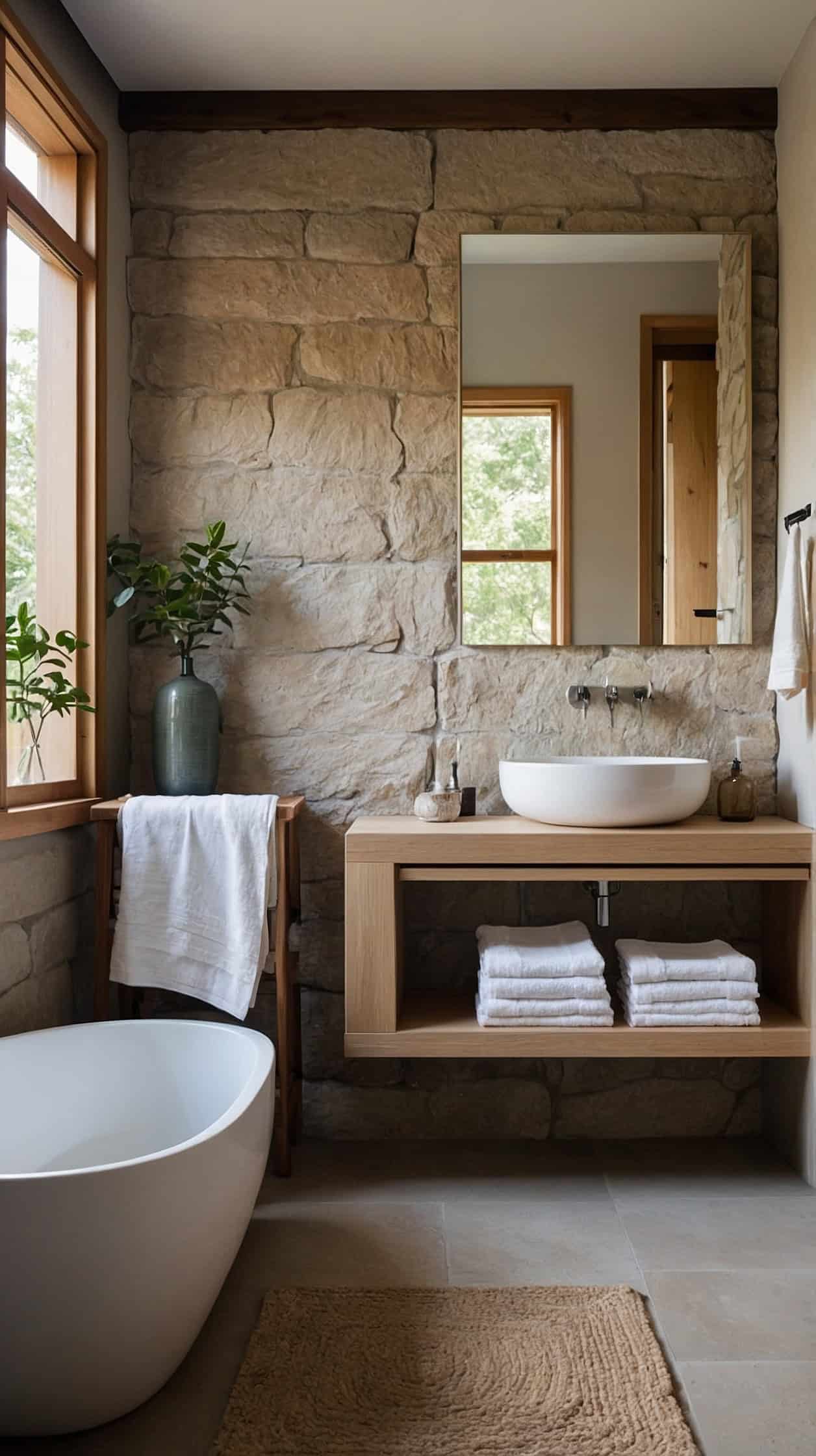 Calm Japanese Scandinavian bathroom with open floor space, pale oak vanity, stone walls, linen towels, and minimal natural decor.