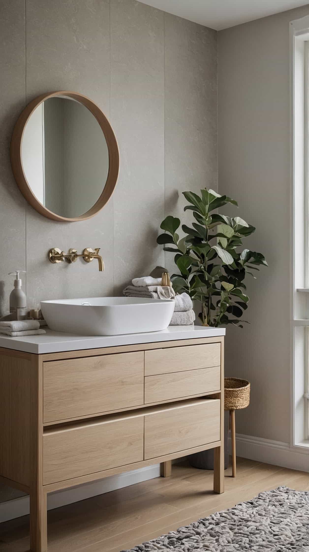 Modern Scandinavian bathroom with a floating pale oak vanity, white countertop, round mirror, and soft neutral styling.