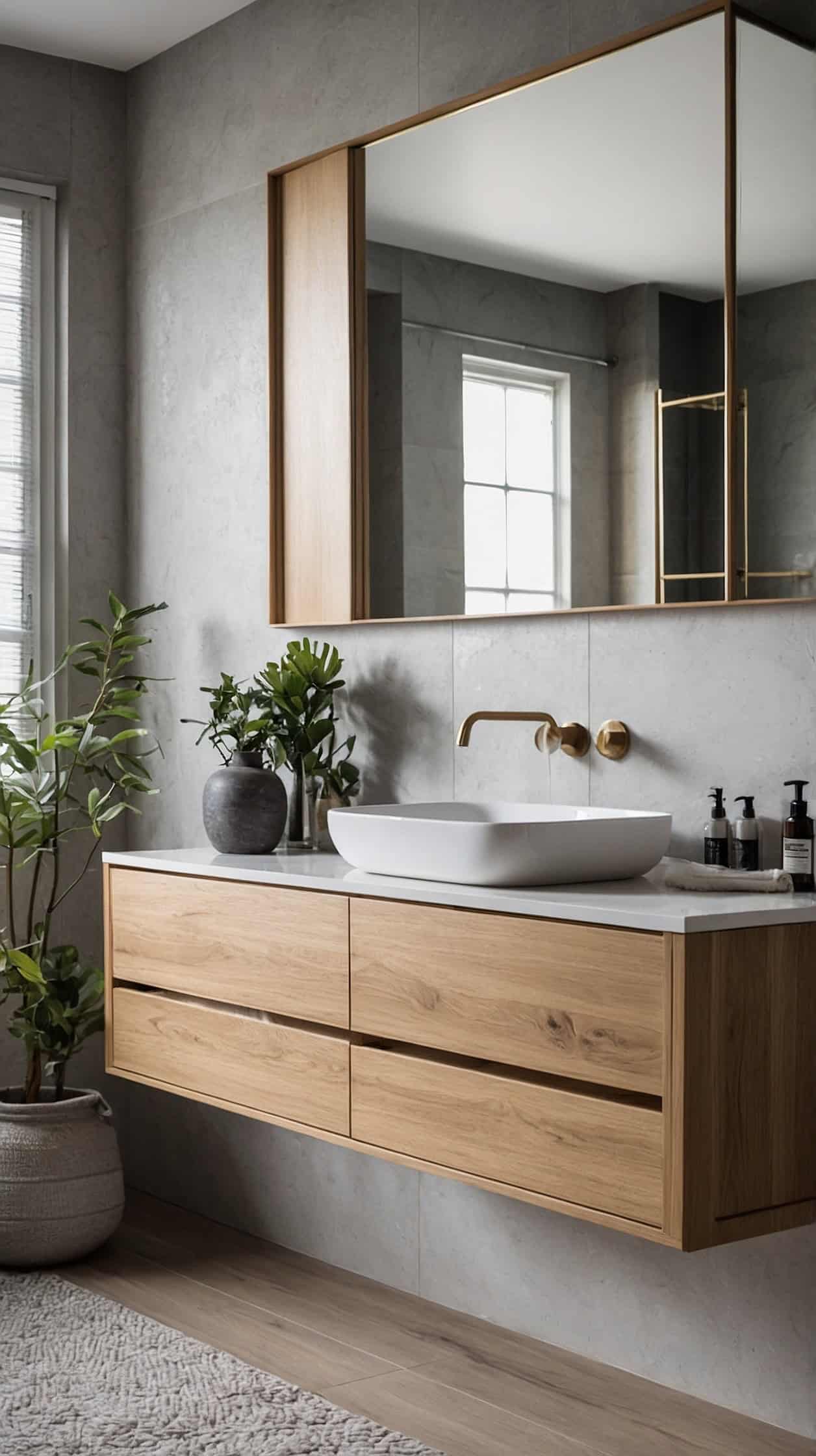 Scandinavian bathroom with a white handleless vanity, oak accents, stone countertop, and elegant modern design.