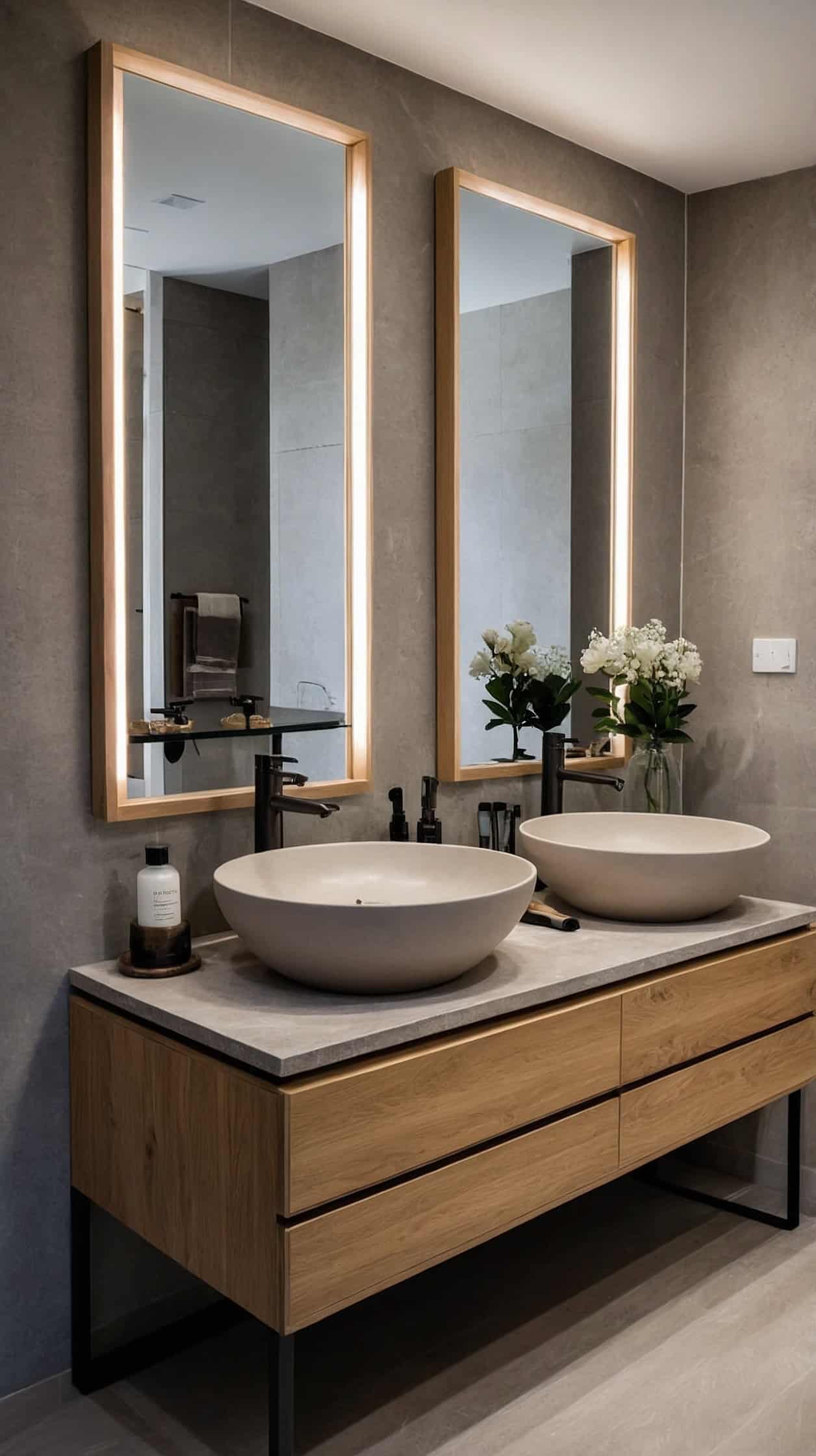 Modern Scandinavian double bathroom vanity with light oak cabinetry, two round mirrors, stone countertop, and minimalist lighting.