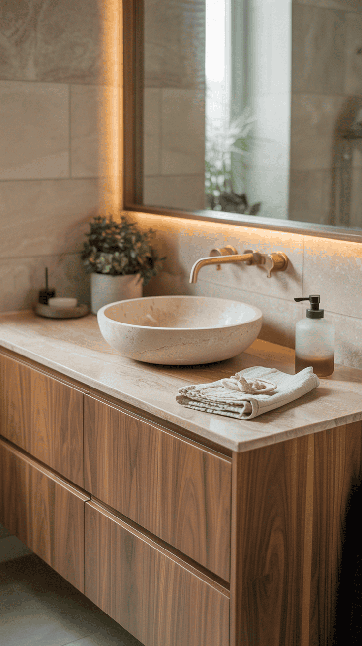 Elegant Scandinavian bathroom with a warm walnut vanity, light stone countertop, vessel sink, and modern neutral decor.