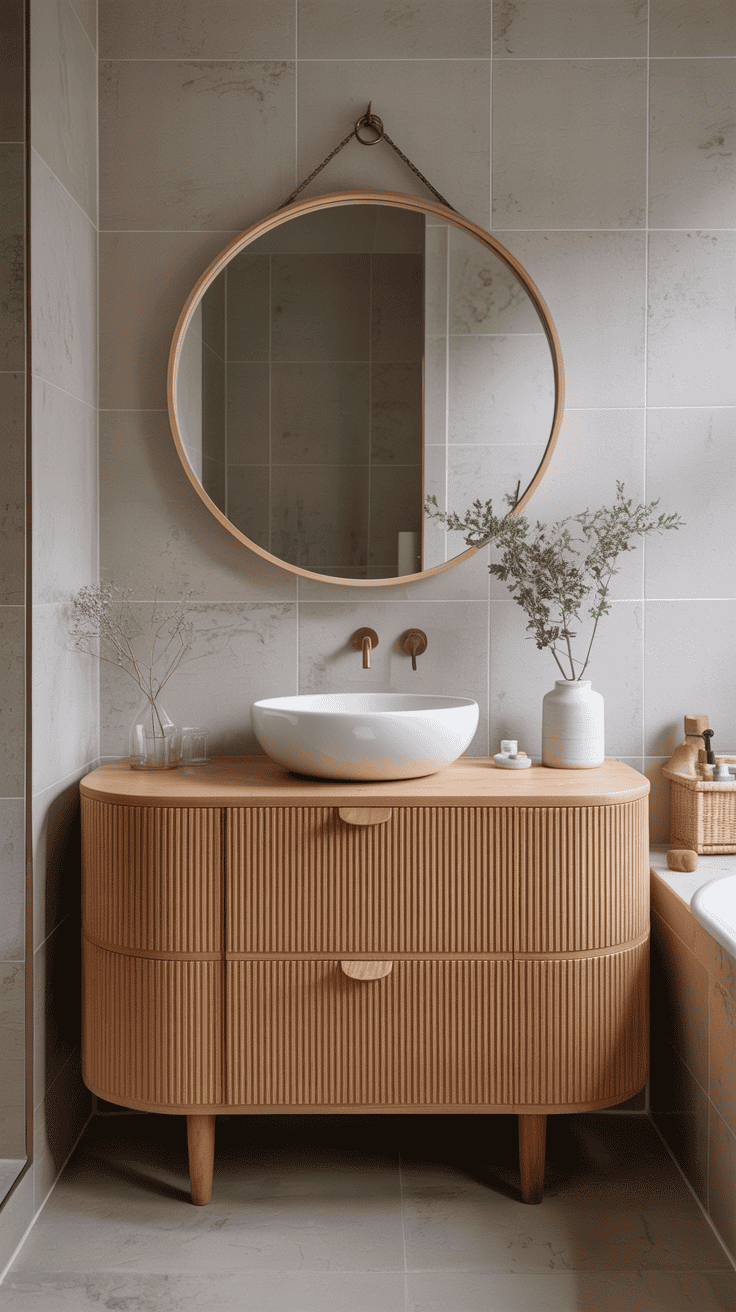 Modern Scandinavian bathroom with a fluted oak vanity, curved white basin, round mirror, and soft neutral finishes.