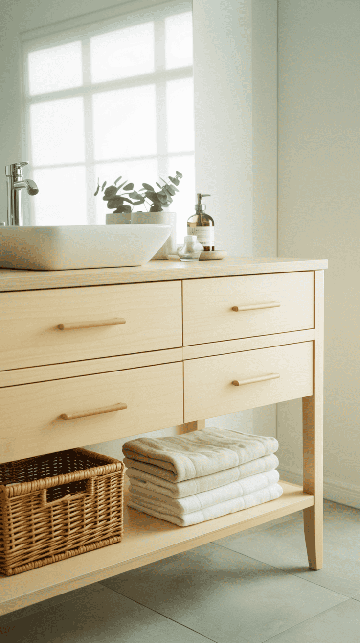 Scandinavian bathroom vanity with pale wood drawers, an open lower shelf, folded towels, and woven storage baskets.