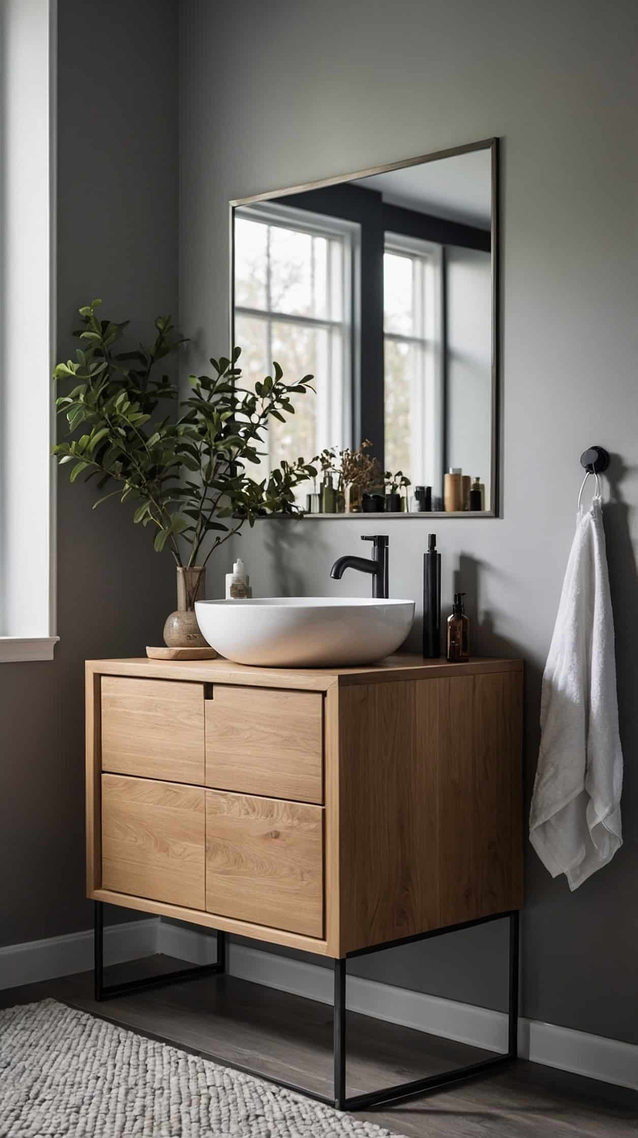 Minimal Scandinavian bathroom with a wall mounted oak vanity, white vessel sink, brushed metal faucet, and round mirror.
