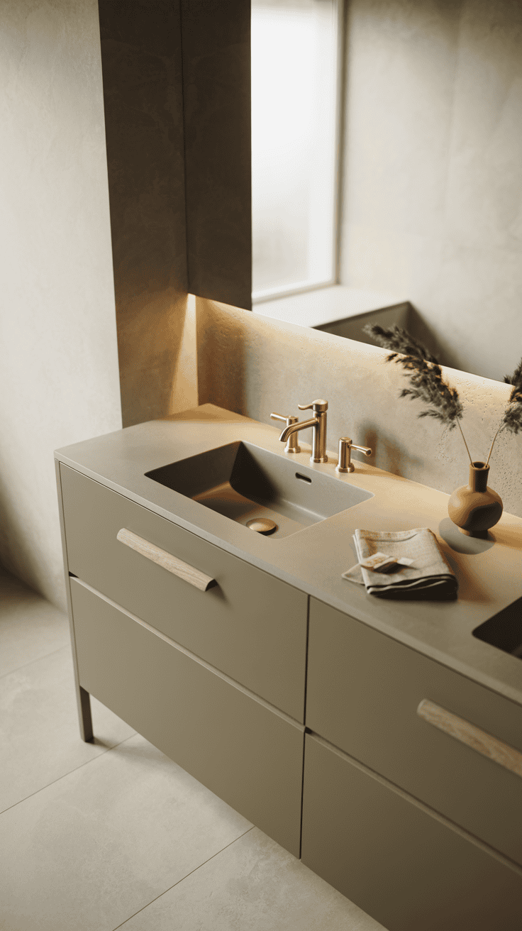 Modern Scandinavian bathroom with a greige vanity, pale oak handles, stone countertop, and soft minimalist decor.
