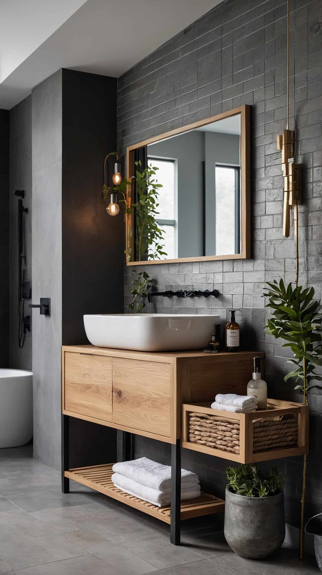 Spacious Scandinavian bathroom with a full wall oak vanity, integrated storage, large mirror, and clean modern design.