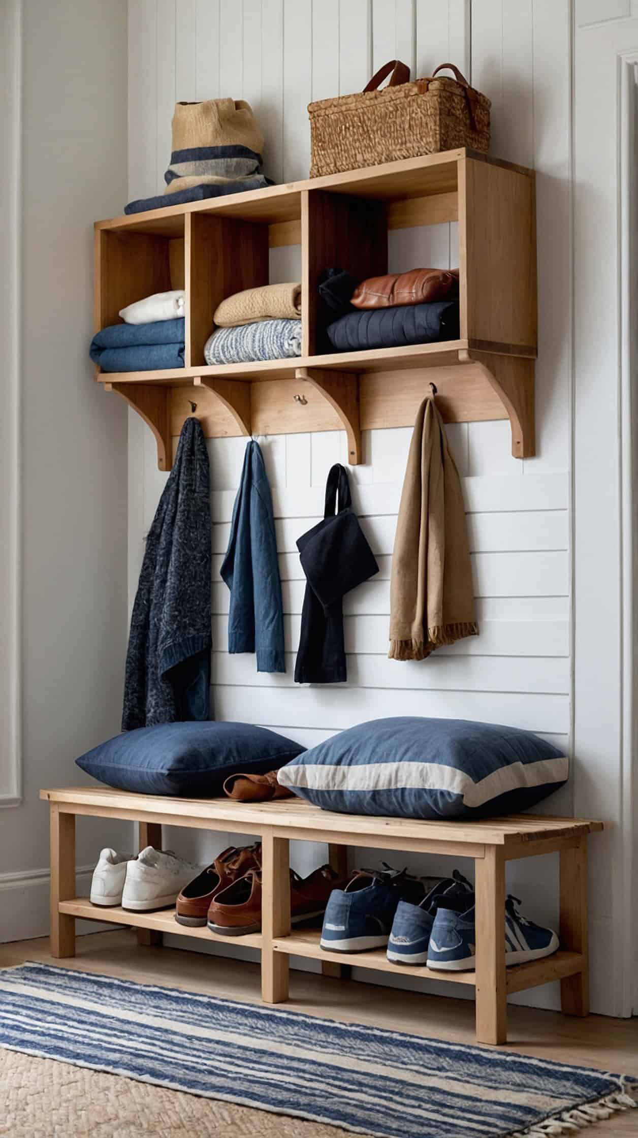 Wide shot of a full-height maple Scandi-style peg wall with reconfigurable modular wooden crates hooked into pegs, holding shoes, scarves, and sports gear. Moveable hooks with items arranged at different heights. Chalky white surrounding walls, a striped cotton bench cushion (denim stripe) on a simple bench, and a flat-weave rug underfoot. Palette: maple, chalk white, graphite accents, denim stripe. Playful, efficient, design-forward; straight-on perspective with natural light.