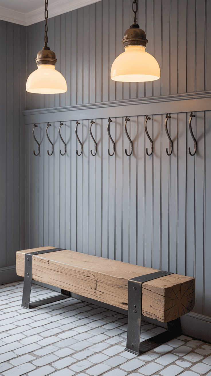 Medium shot, slightly angled, showcasing a salvaged oak beam used as a chunky bench on black steel legs. Above, two milk-glass pendants with antique brass caps glow softly. Back wall in vertical beadboard painted pale gray with evenly spaced forged iron hooks. Floor in whitewashed brick laid in herringbone. Palette: pale gray, whitewashed brick, oak beam, brass and iron. Heritage farmhouse with Nordic simplicity; warm ambient pendant light.