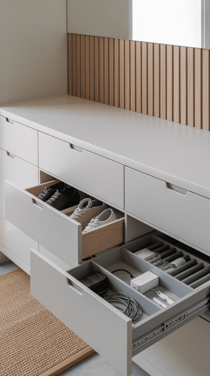 Closeup/medium hybrid focusing on crisp minimal cabinetry: flat-front white laminate cabinets with no visible hardware, a push-latch bench drawer slightly ajar revealing shoe storage, and adjacent vented drying drawers for wet gloves. Include an open charge drawer with built-in outlets and cables neatly organized. A pale oak slat wall adds subtle texture behind, and a micro-lined coir mat at the door. Palette: bright white, pale oak, soft gray, micro black accents. Sleek, functional, future-friendly; clean, bright lighting.